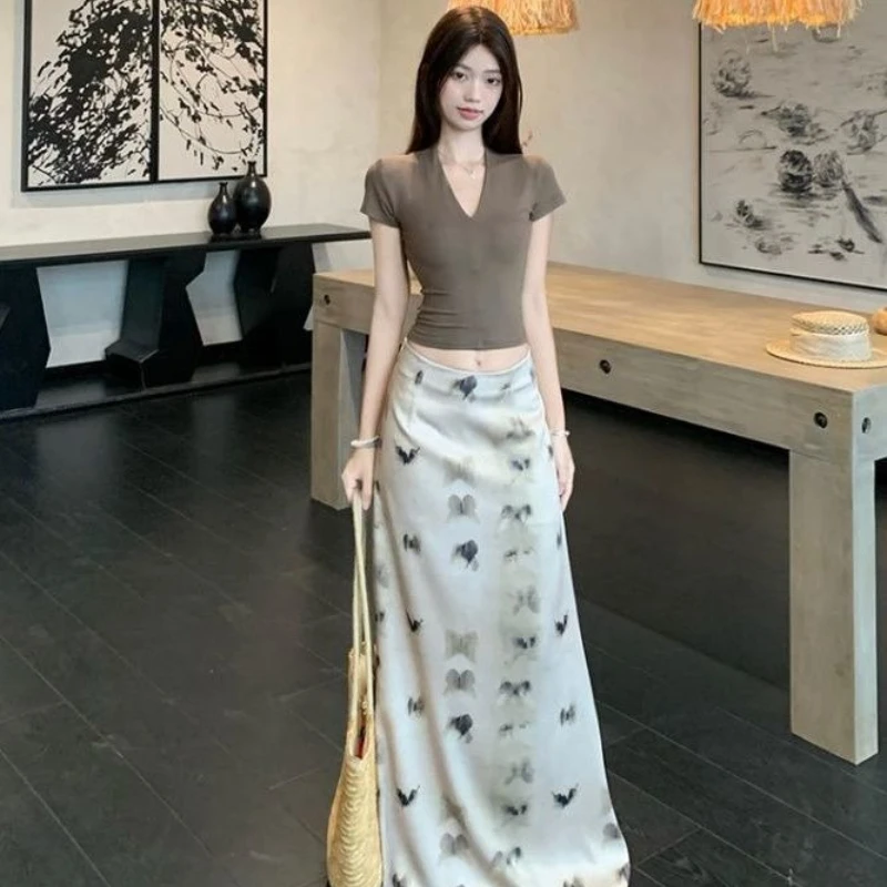 

2 Pieces Skirt Sets for Women Long Maxi Promotion Top and Bottom Luxury Designer Clothing Vintage Full Short Sleeve Woman Outfit