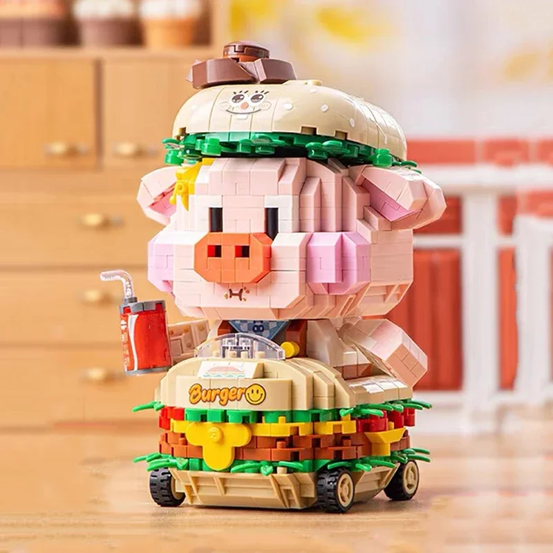 

Cute Hamburger Pig Mini Building Blocks DIY Animal Model Small Particle Assembled Bricks Toy Gift for Adults and Children