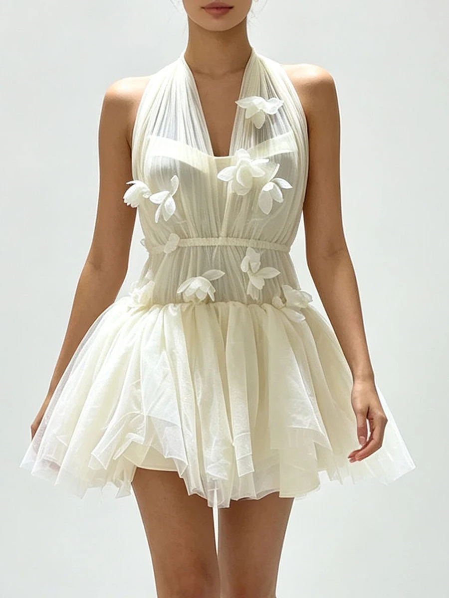 TWOTWINSTYLE 3D Flower Slimming Solid Spliced Mini Dress for Women Halter Neck Sleeveless Patchwork Zipper Dresses Female New