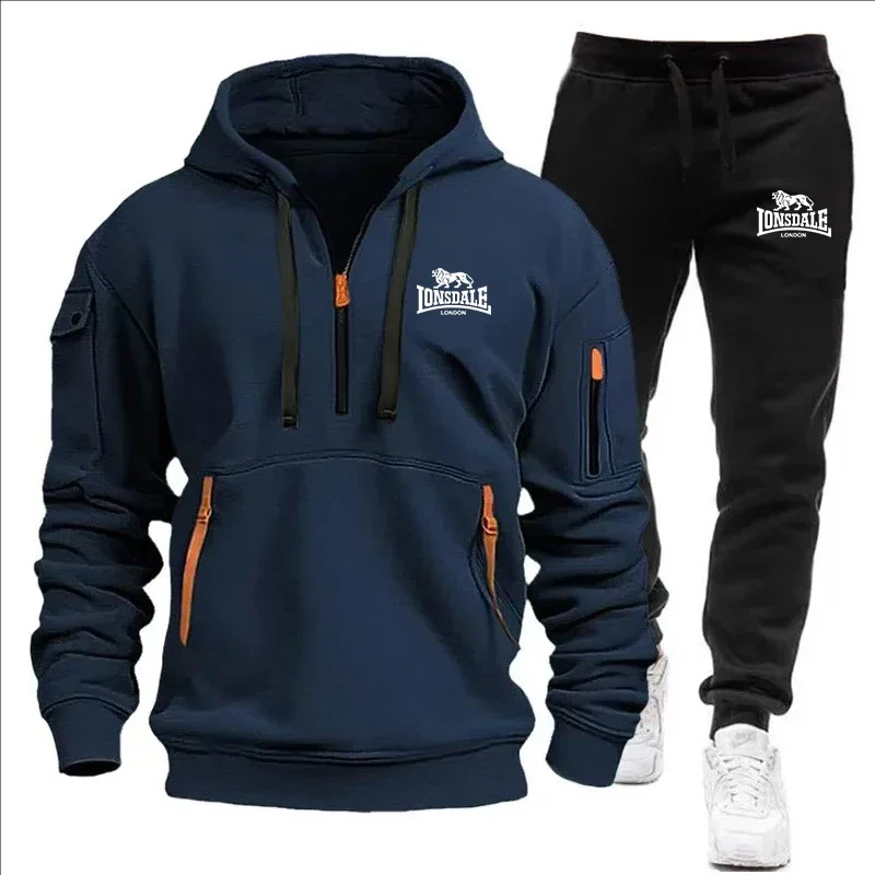 

Autumn and winter men's multi-pocket zipper long-sleeved hooded sweatshirt + sweatpants two-piece casual fitness sportswear set