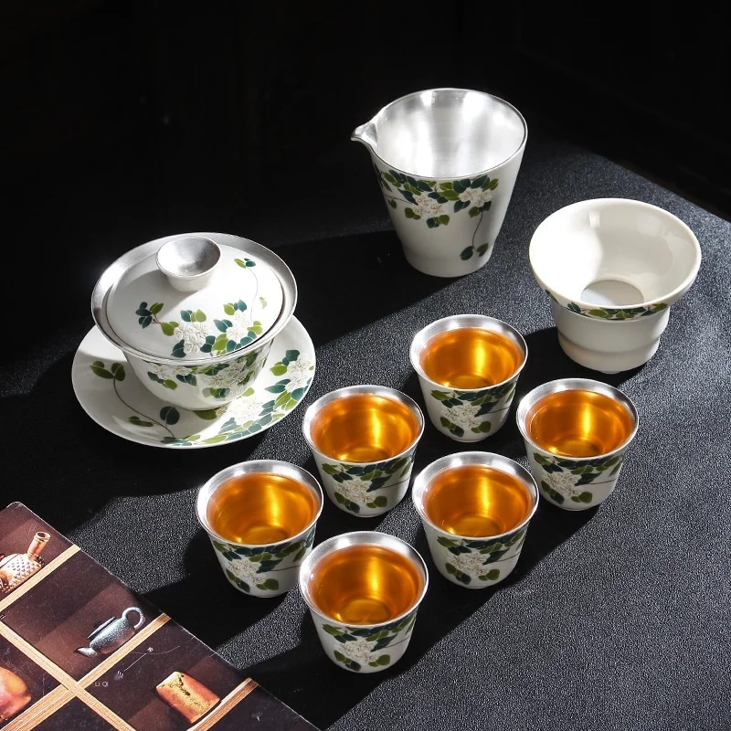 Jingdezhen silver gilded tea set ceramic Kung Fu Tea Cup complete set of silver tea making device tureen gift box