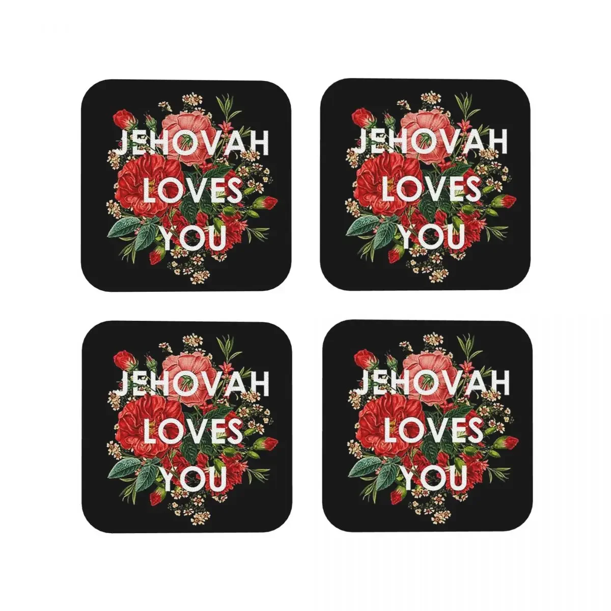 Jehovah Loves You Coasters Kitchen Placemats Waterproof Insulation Cup Coffee Mats For Decor Home Tableware Pads Set of 4