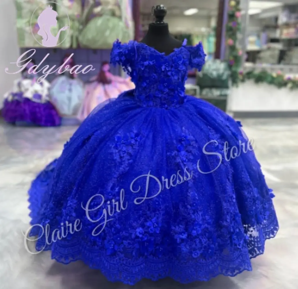 

Royal Blue Flower Girl Dresses For Wedding Appliques Pearls Lace Tulle Princess Birthday Party First Communion Ball Gown