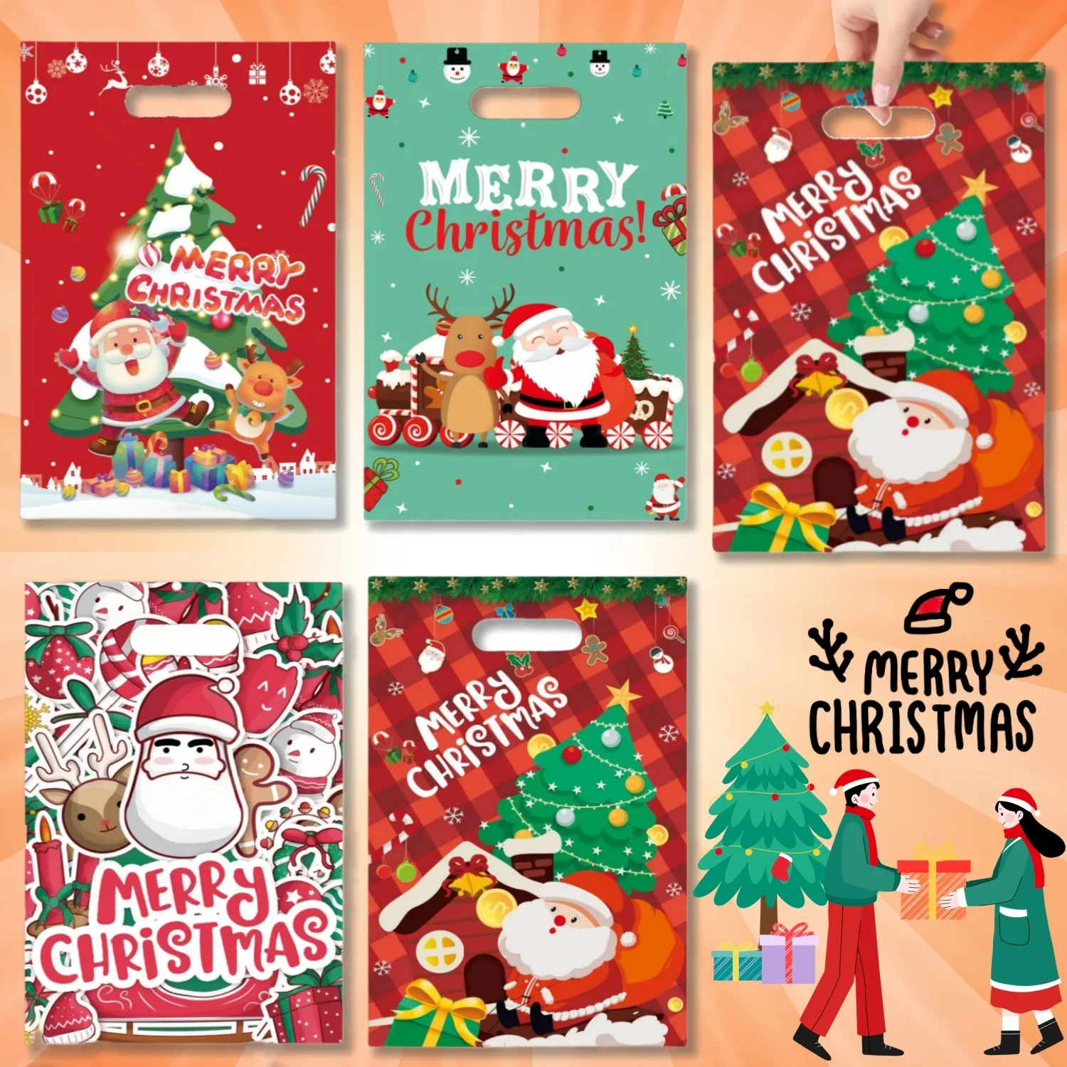 10Pcs Christmas Party Gift Bag Pp Material Santa Claus Christmas Tree Snowman Elk and Other Elements Decoration Bags