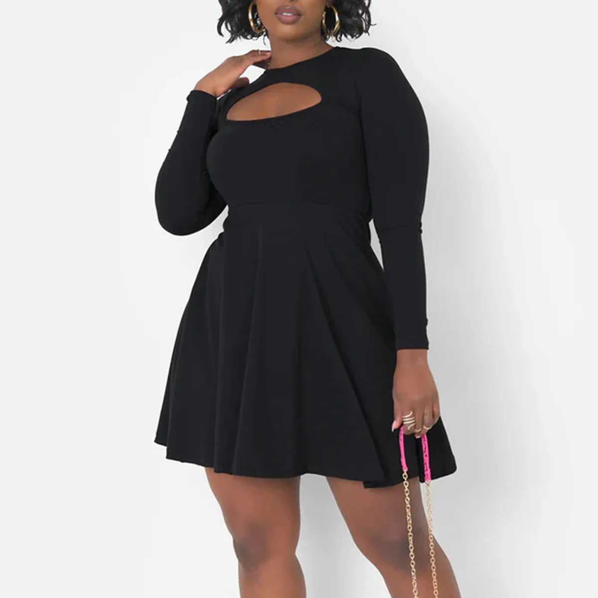 Women's New Fashion Round Neck Long Sleeve Cutout Solid Color Dress Elegant Slimming Fitted All-match Daily Commute Mini Dress