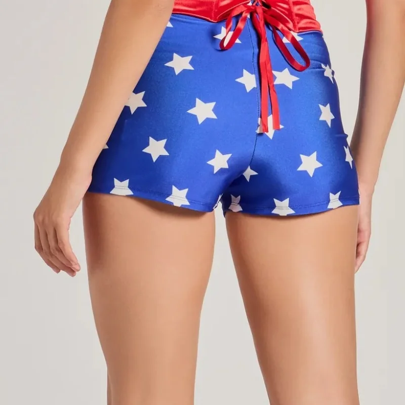 Women Blue Stars Print Boy Shorts Halloween Superheroes Cospaly Bottom Costume Sleepwear Shorts Bodycon Pajamas Bottoms