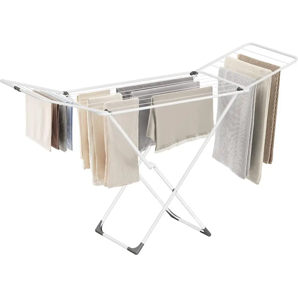 

Компактная металлическая сушилка для белья с 2 складными секциями, подходит для использования в помещении и на улице, идеально подходит для постельного белья и одежды, белая