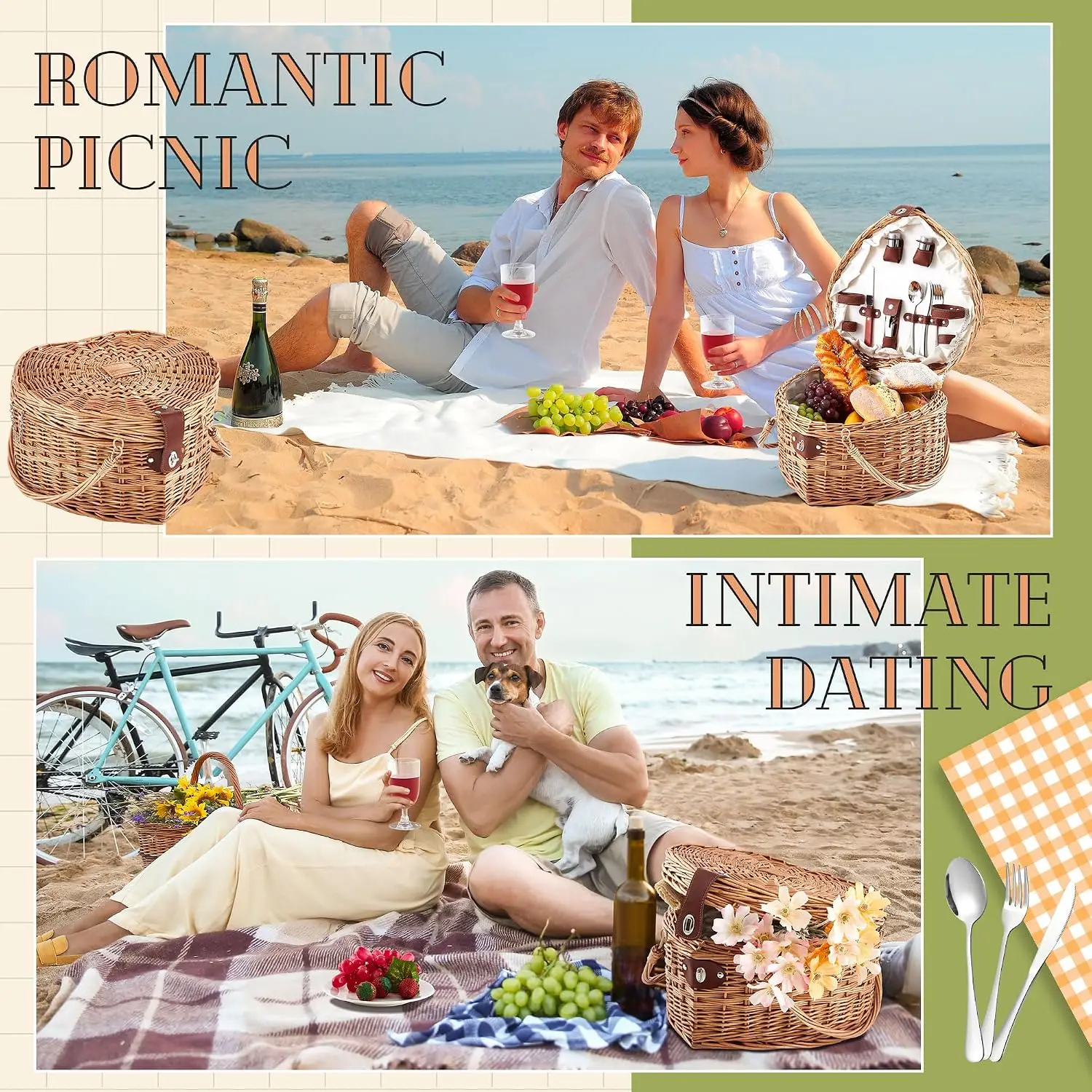 Heart Shaped Wicker Picnic Basket With 2 Person Tableware Set, Hand Woven Willow Food Carrier Caddy, Romantic Outdoor Dining Organizer For Beach Camping Parties, Antique White