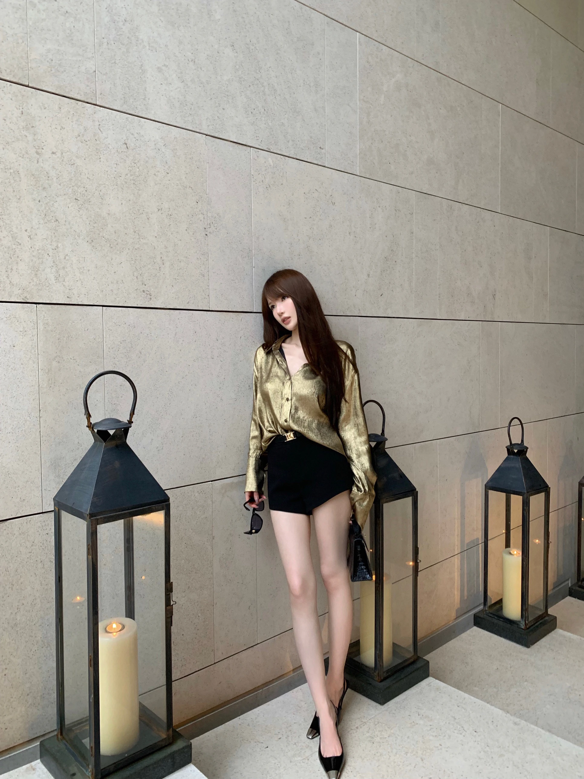 

CHICYOU Celebri Rose Gold Long Sve irt с поясом на талии и ортами, комплект из двух предметов для женщин, осенний комплект Sle Polye...