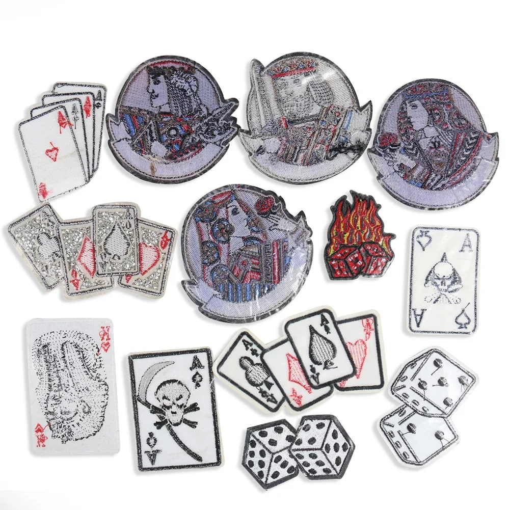 Playing Card Character Badge Embroidery Patch Poker Dice Applique King David Alexander Caesar Charlemagne Sticker Skull Gambling