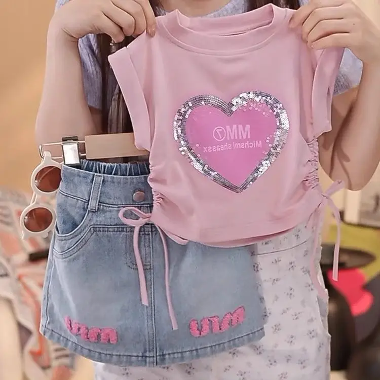 Nuovi set di adolescenti di moda estiva per neonate, T-shirt rosa + gonne di jeans abiti Casual da principessa 4-9T