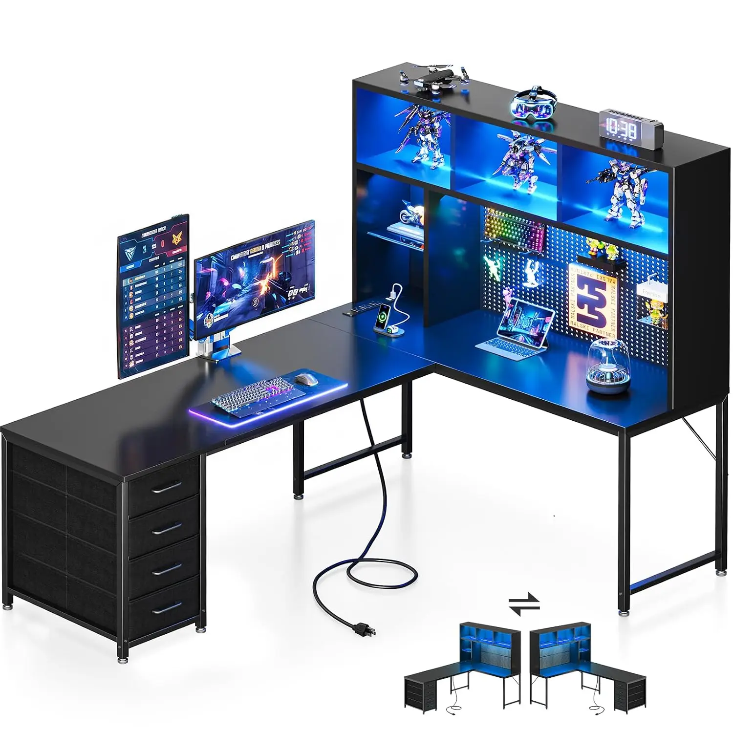 L Shaped Gaming Desk with Hutch Pegboard Shelves 4 Drawers LED Light Power Outlets Reversible 63