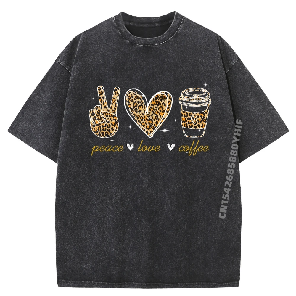 

Leopard Peace Love Coffee Lovers Hippie Gifts T Shirts For Men Autumn Men's T-Shirts Soft Washed Shirt