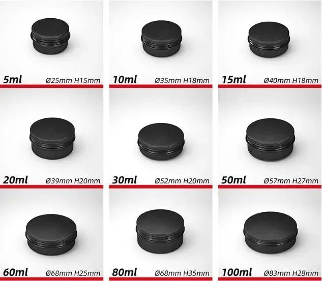 50pcS/lot 10ML-250ml BLACK Aluminium Jars Multi-specification Black Elegant Black Aluminum Box Aluminium Cans with Round Thread