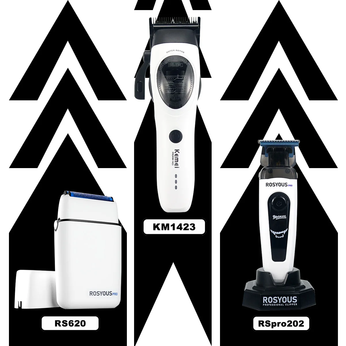 

KEMEI ROSYOUS Hair Trimmer for Men Combo Set Brushless Motor with Base Charger Professional Hair Clipper KM-1423 RSpro-202 RS620