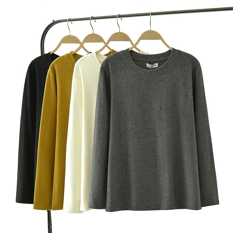 Size XXL Women's Tops Autumn New Single Side Brushed Fabric Tees Casual Round Neck Long Sleeve T-Shirt 887