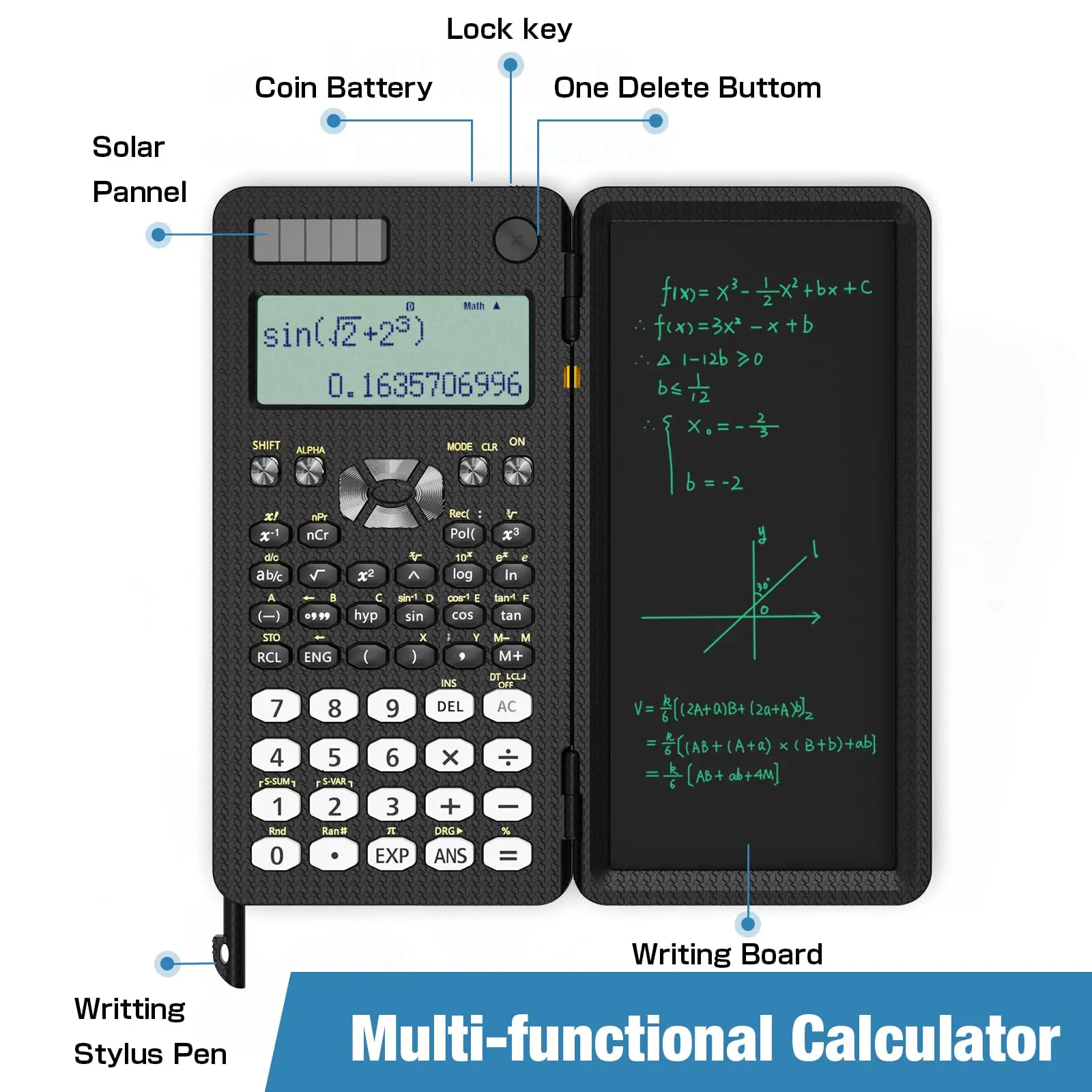 Scientific Calculator with Notepad 82 MS Foldable 2-Line Display Science Calculator with Writing Tablet Solar Middle High School