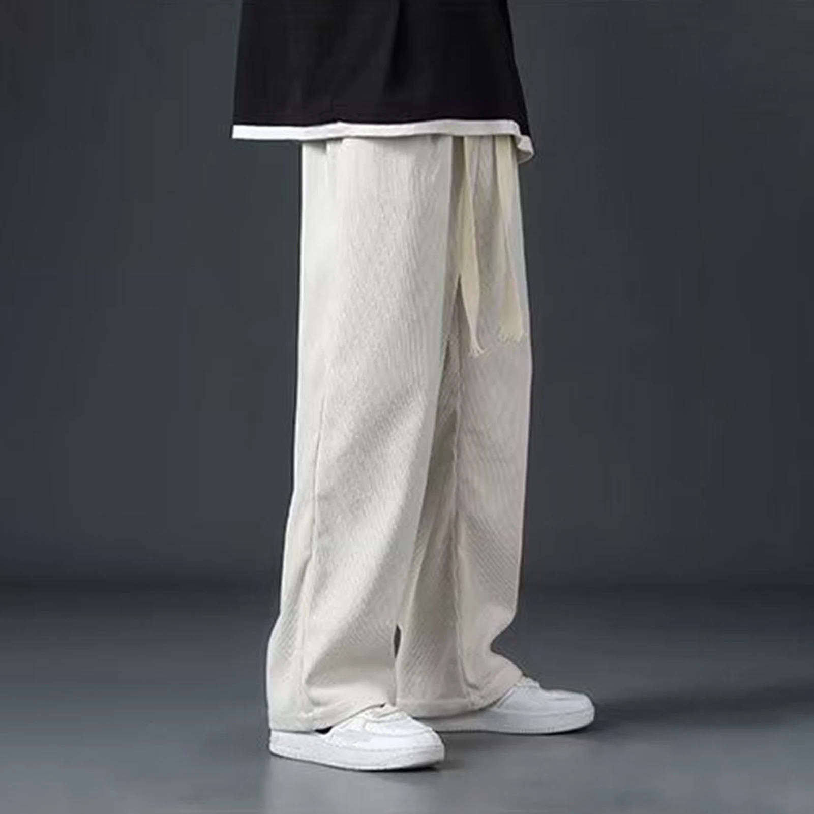 Daily Trousers Men's Drawstring Cargo Pants with Elastic Waist Pockets Loose Fit Straight Leg Sport Trousers for Daily Wear