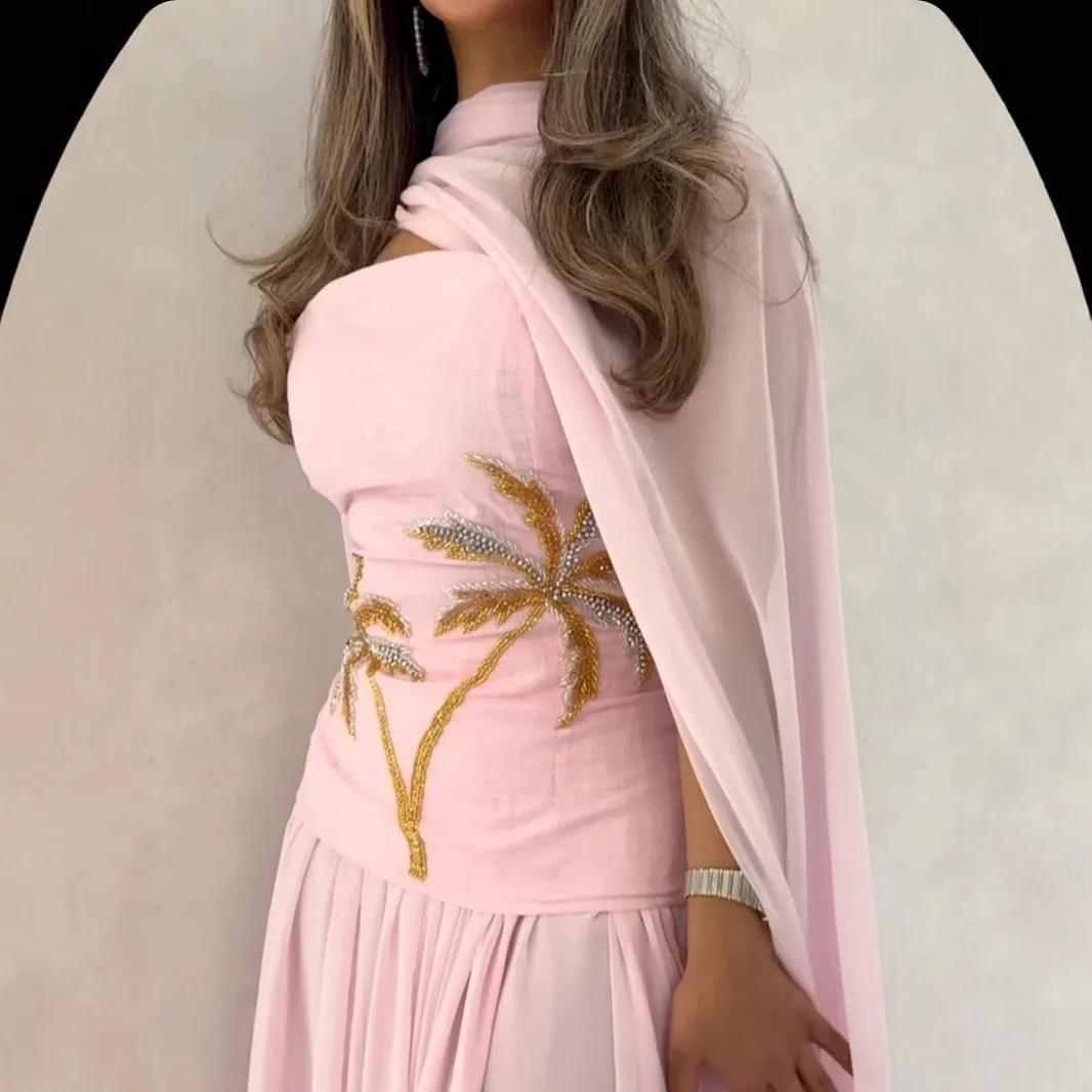 Eid Holiday Dress Beaded Palm Tree Strapless Maxi Dresses Pink Fitted Bodice Long Gown Sheer Cape Off Shoulder Evening Dress
