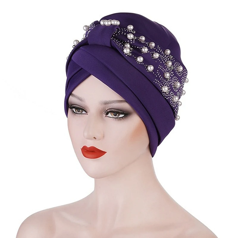 Ladies Turban Stretch Cloth Head Hats Ladies Hair Accessories Muslim Scarf Hats Drill Nail Pearl Toe Caps