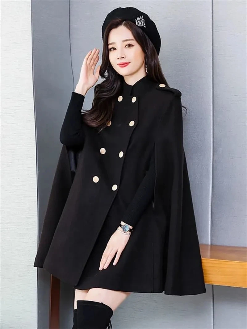 High End Cape Woolen Jacket Womens 2023 New Winter British Style Korean Loose Poncho Shawl Female Long Double Breasted Coat Top