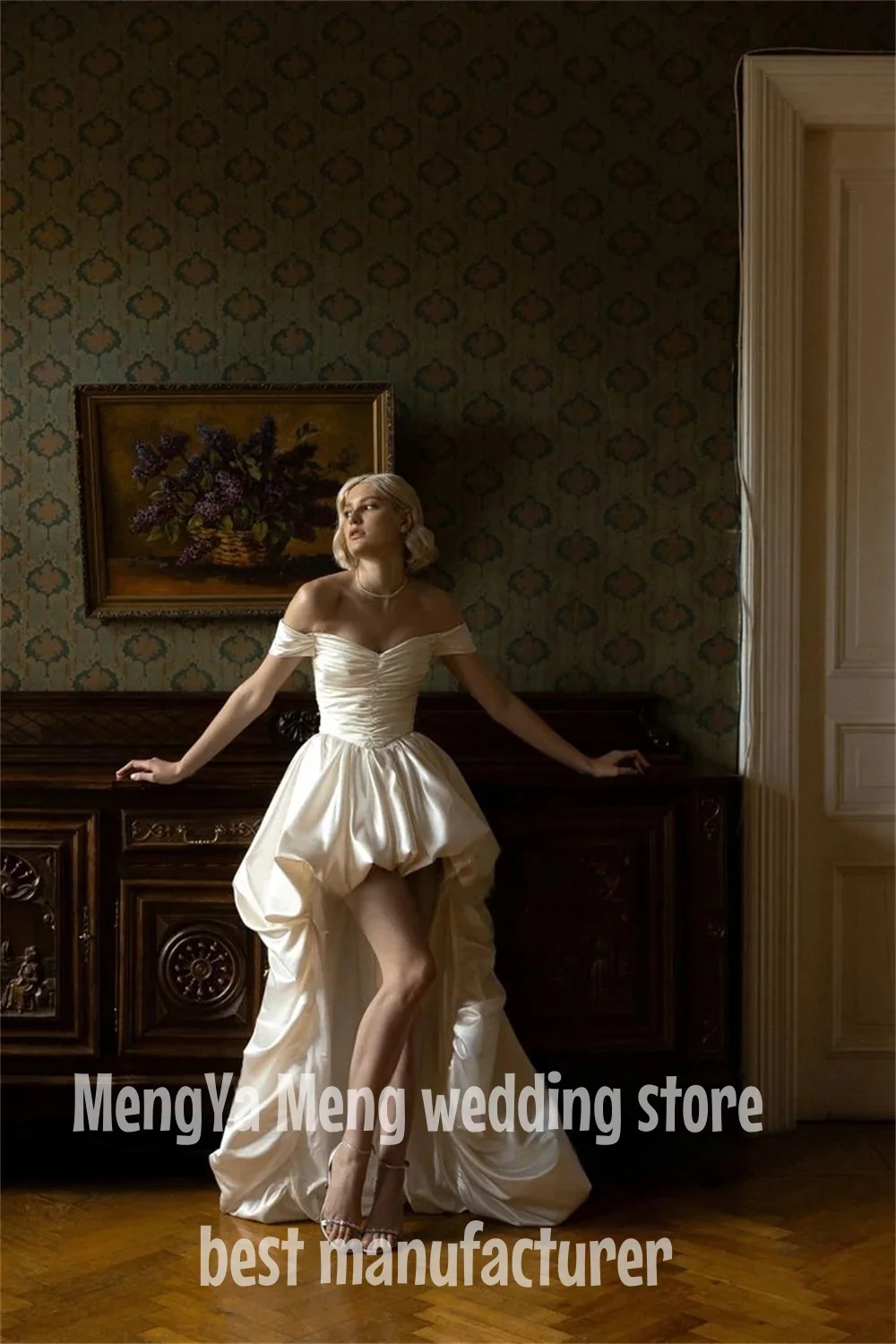 Vintage High/Low Satin Wedding Dresses Simple Off the Shoulder Sleeveless Beach Strapless Bridal Gown Sexy Backless Customized