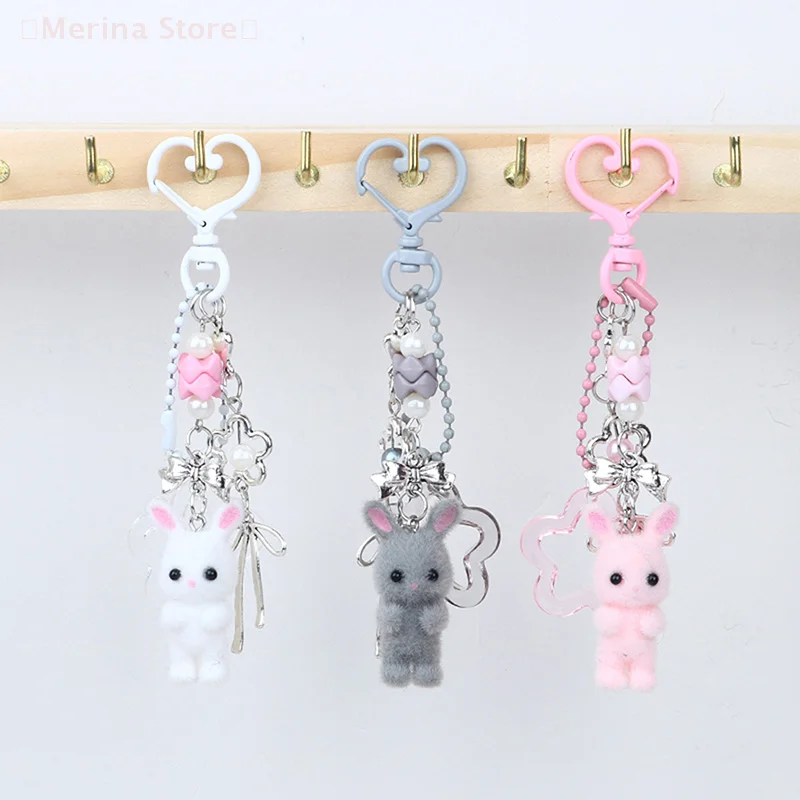 Kawaii Cute Rabbit Keychain Fashion Cartoon Flocking Animal Pendant Keychain Exquisite Backpack Decoration Akcesoria Prezenty