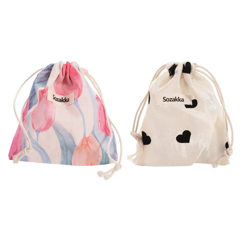 Sozakka Floral Drawstring Storage Pouch Handbag Portable Love Heart Cosmetic Bag Pull Rope Large Capacity