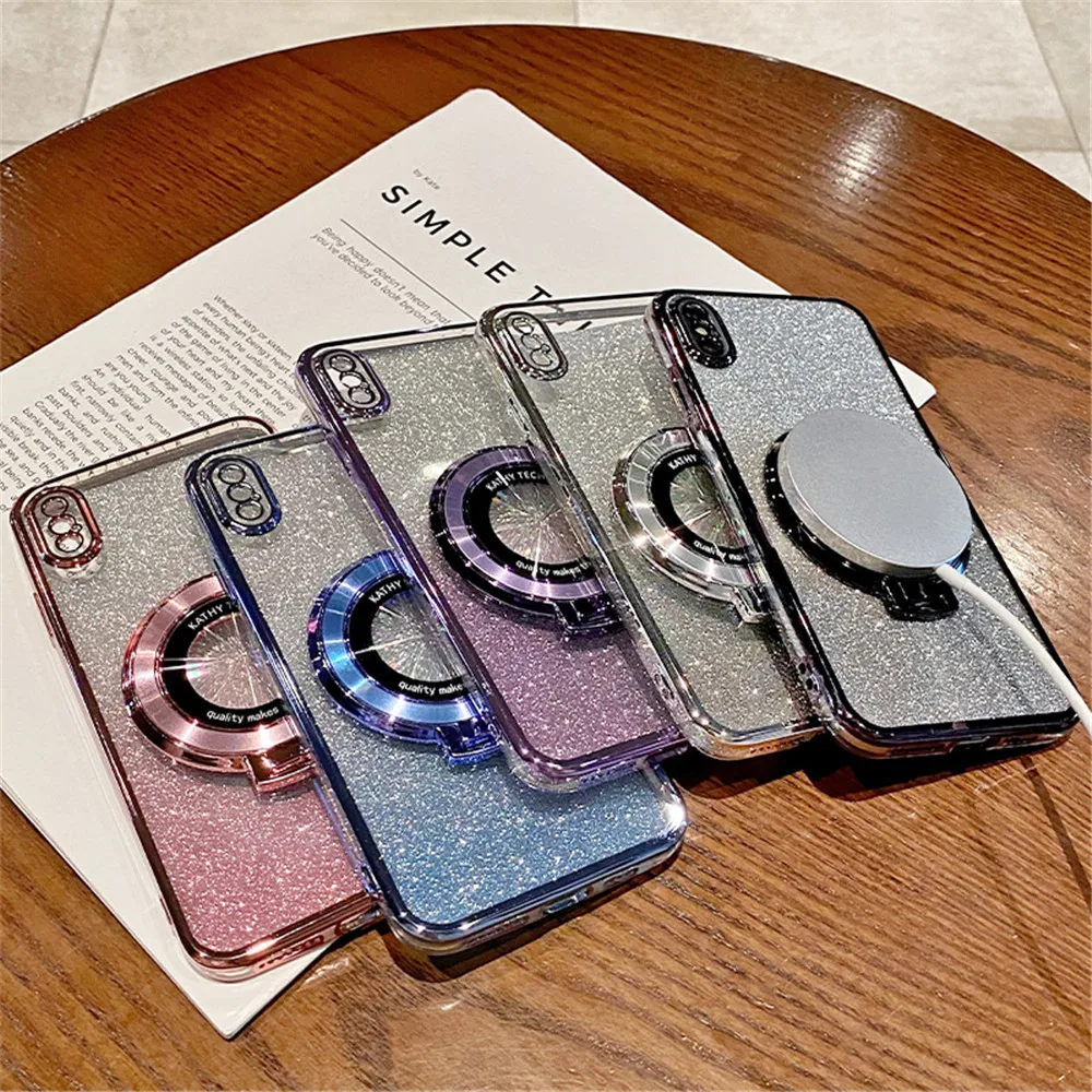 Luxury Plating Magnetic Stand Glitter Case For Samsung Galaxy S24 Ultra S23 S22 S21 S20 FE Plus S10 Note 20 Soft Silicone Cover