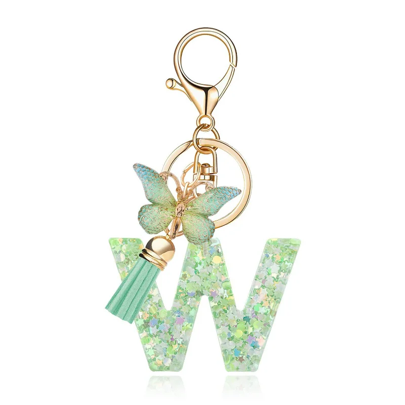 Keychain Resin Alphabet Keychain With Green Butterfly Tassel Charm Pendant For Bag Purse Car Key Women Gift Decoration