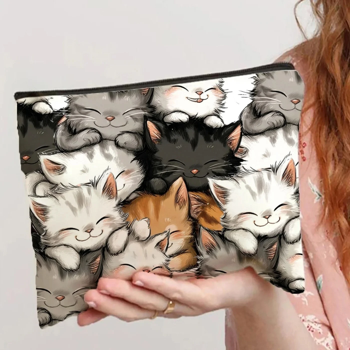 A Cute Stacked Cat Patterned Makeup Bag- Multifunctional Zipper Pouch, Jewelry Storage Bag, Perfect Travel Zipper Small Storage