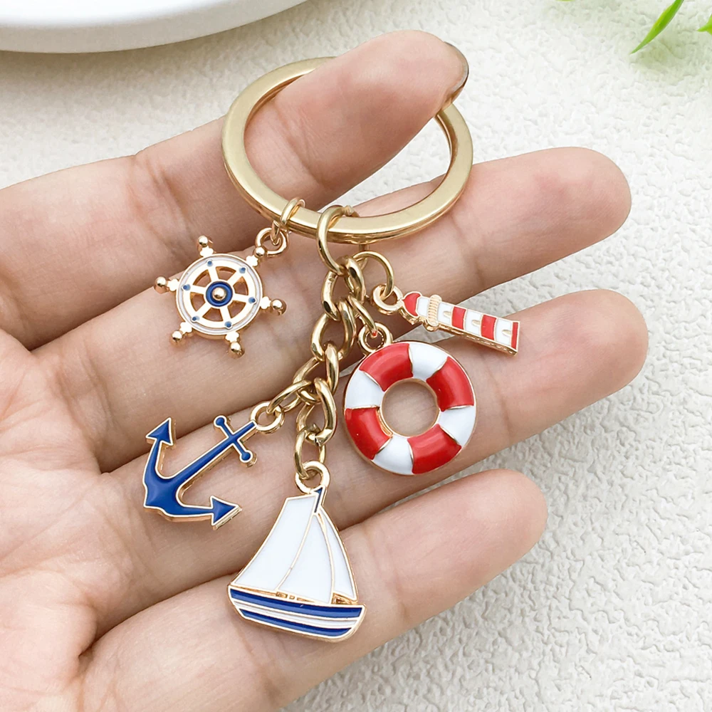 Mini Metal Sailboat Lighthouse Life Buoy Pendant Keychain Enamel Anchor Key Holder Backpack Decor Marine Worker'S Souvenir Gift - view 2