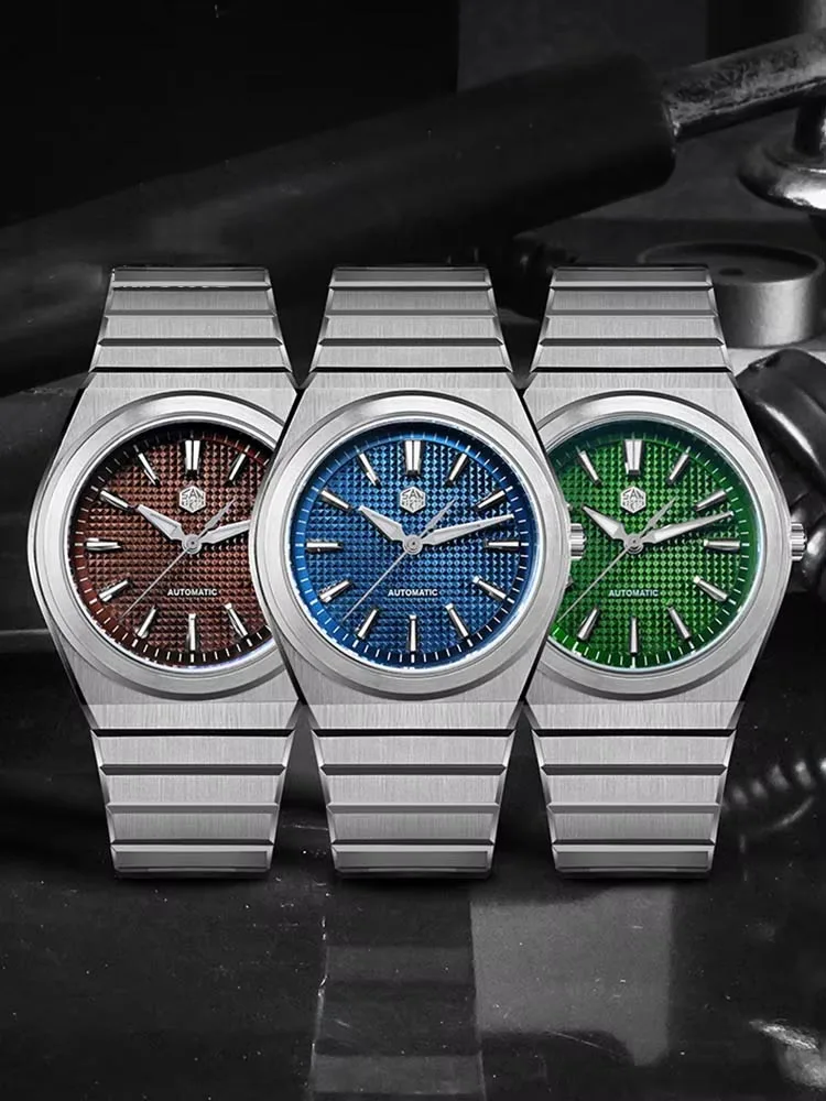 San Martin SN0152 Mechanical Watch Waffle Dial Integrated Bracelet Miyota 90S5 Automatic Luxury Watch 10Bar Clear Caseback Watch