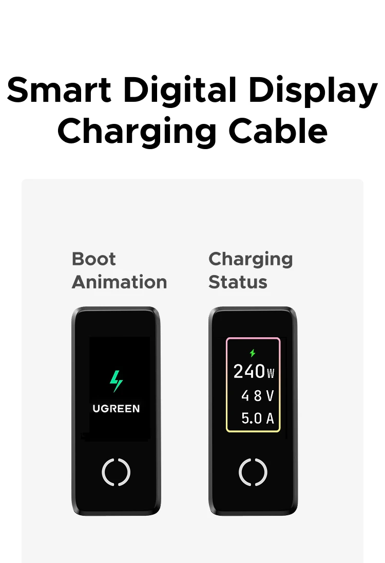 UGREEN PD240W USB-C to USB-C Cable with TFT Smart Display Nylon braided Aluminum 480Mbps for iPhone MacBook Galaxy Pixel XPS