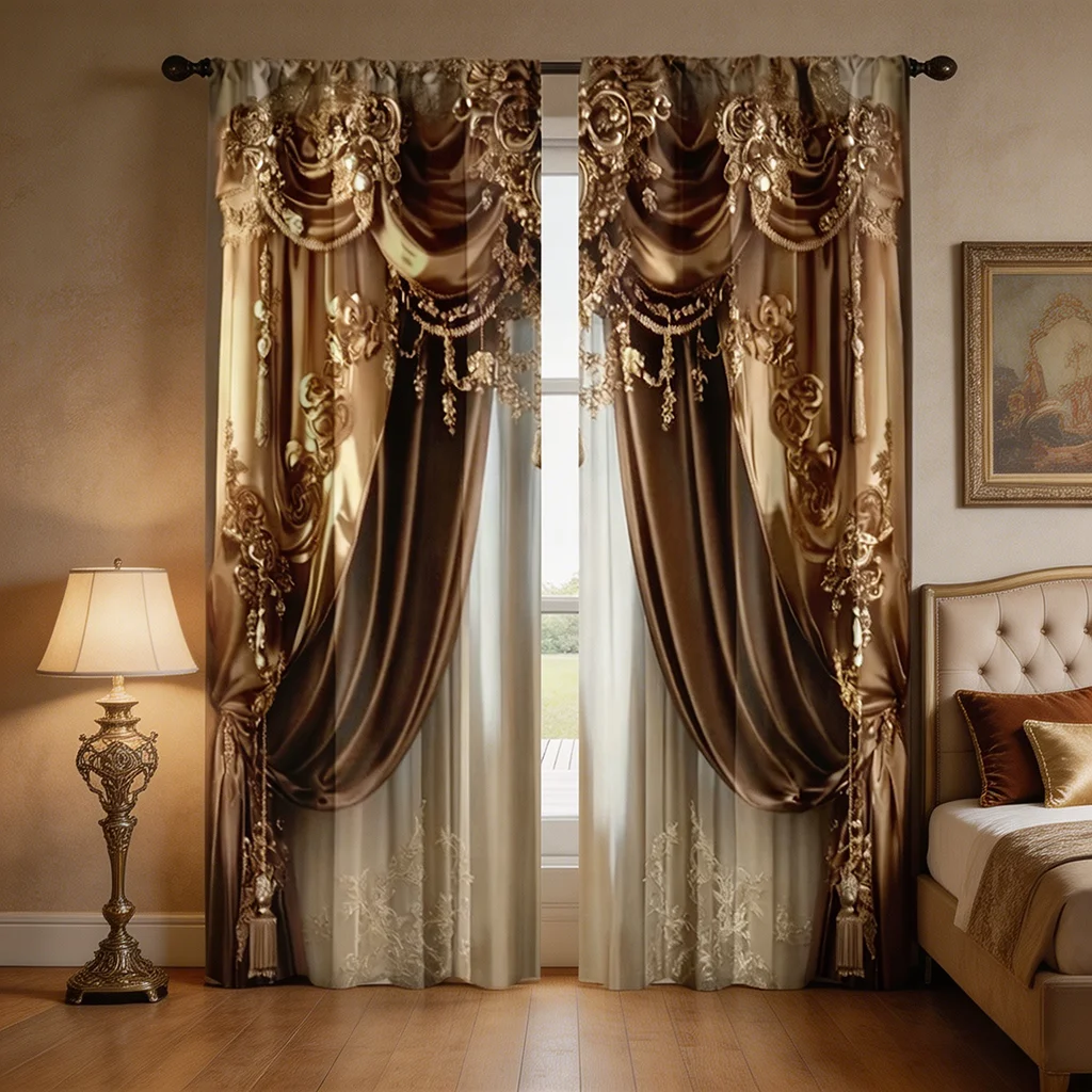 2PCS Curtains, Brown and Gold Luxury Baroque Curtain Print, Suitable for Bedroom and Living Room, Rod Pocket Style