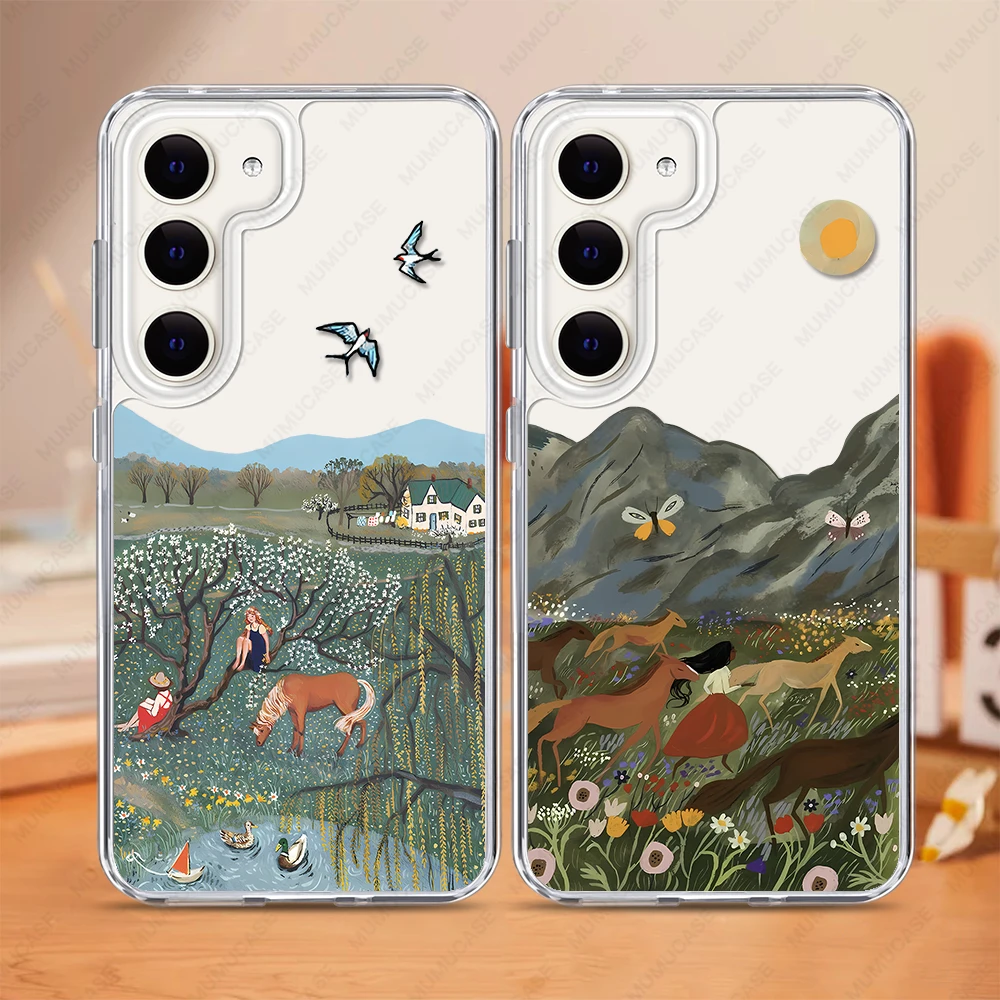 2 in 1 PC+TPU Phone Case For Samsung Galaxy S24 S23 Ultra S24FE A15 A34 A35 A53 A54 A55 Shockproof Cover Rural Landscape