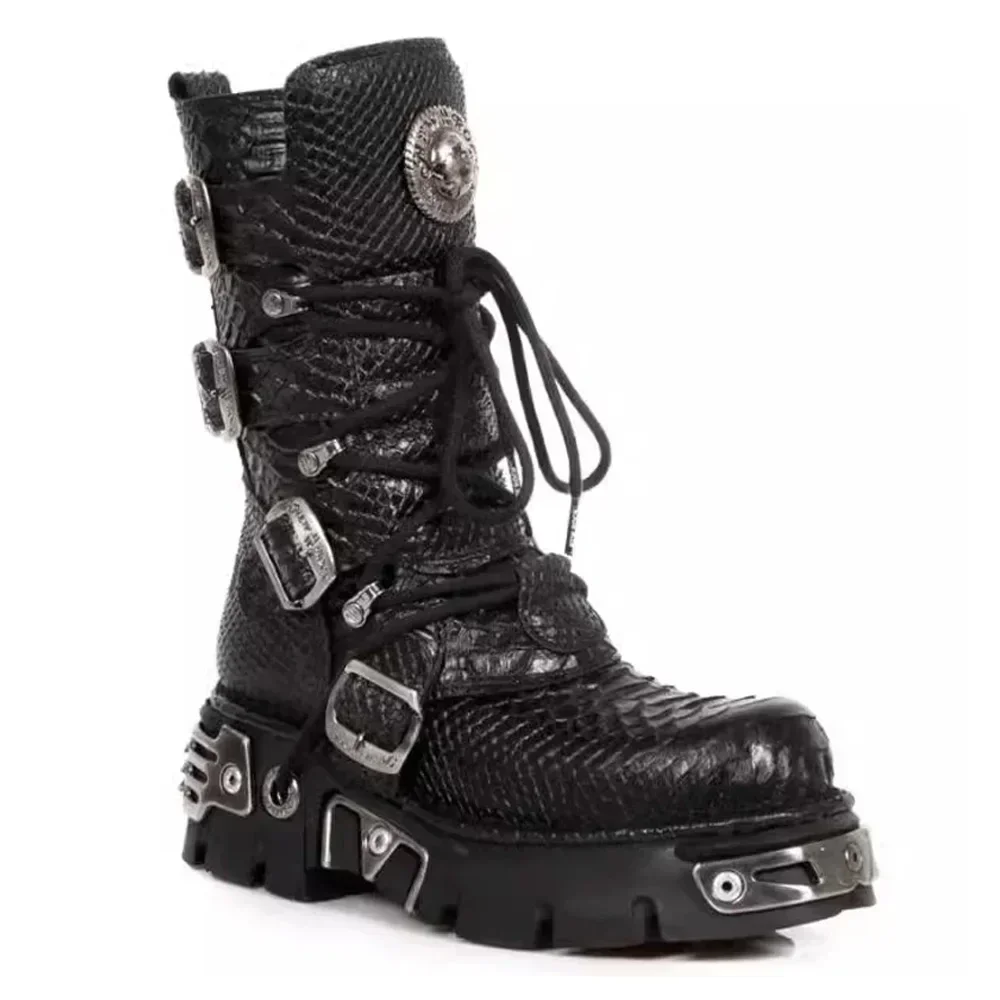 

Мужские мотоциклетные ботинки до середины икры из натуральной кожи, армейские ботинки в стиле вестерн на платформе с круглым носком и резьбой в стиле вестерн