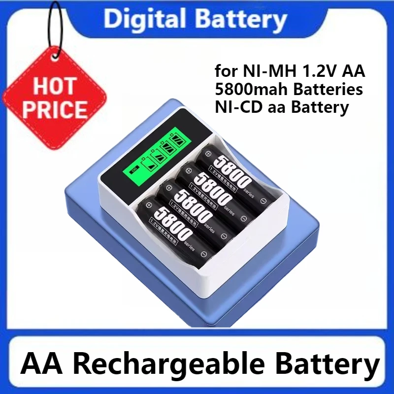 

AA Rechargeable Battery for NI-MH 1.2V AA 5800mah Batteries NI-CD Aa Battery for Toy Keyboard with LCD Indicator Charger