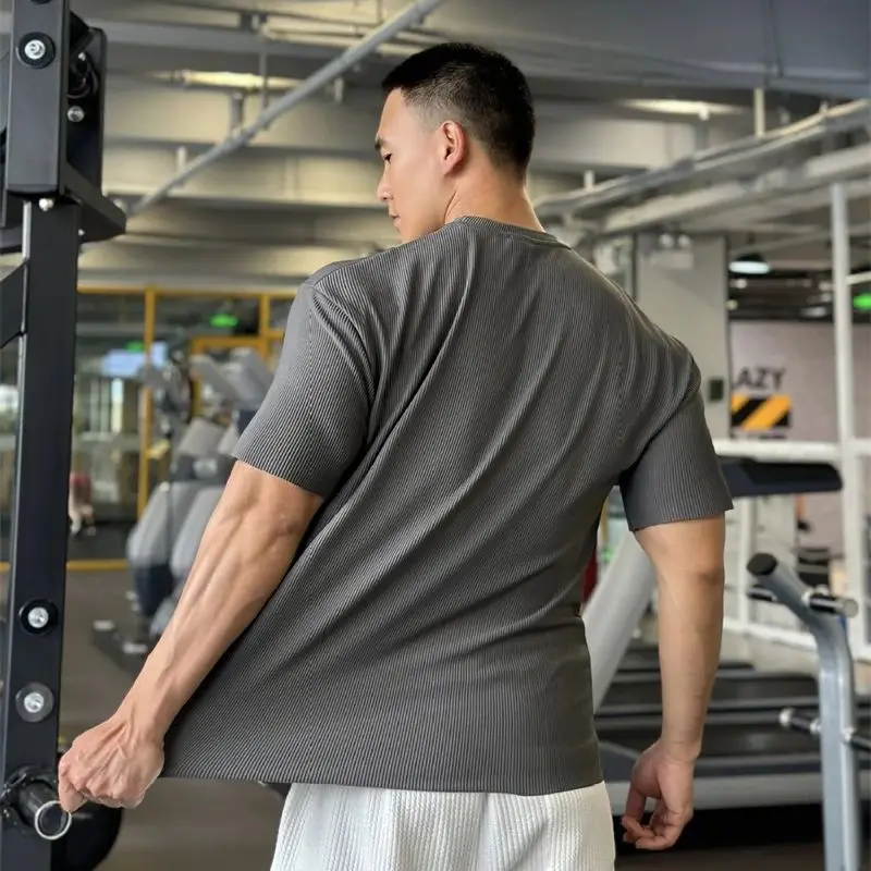 Gym exercise fitness elastic sportswear solid color casual street clothing outdoor round neck short sleeve T-shirt men's top