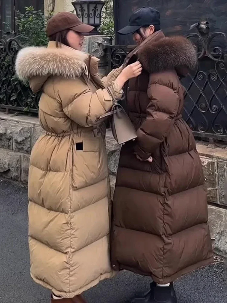 Super Thicken Down Jacket Winter Fashion Big Wool Collar Hooded Long Knee Cold Warm Loose Oversized White Duck Puffer Coat Women