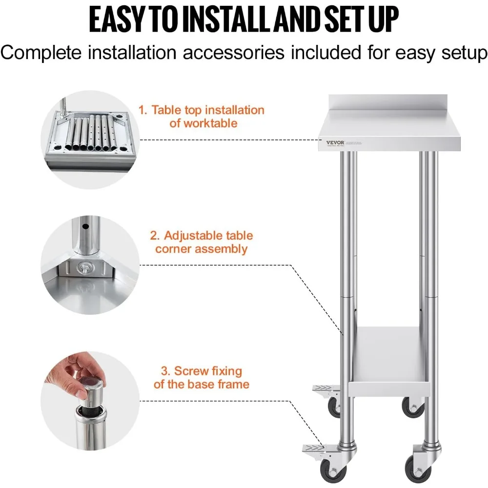 طاولة عمل من الفولاذ المقاوم للصدأ مقاس 24 × 15 × 40 بوصة من VEVOR، طاولة عمل لإعداد الطعام التجارية مع عجلات، طاولة عمل إعدادية شديدة التحمل، ميتا