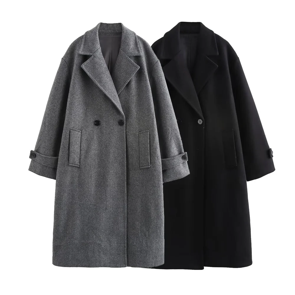 BMURHMZA Autumn/Winter New Product Women's Casual Double breasted Flip Collar Long Sleeve Loose Medium length Coat Coat