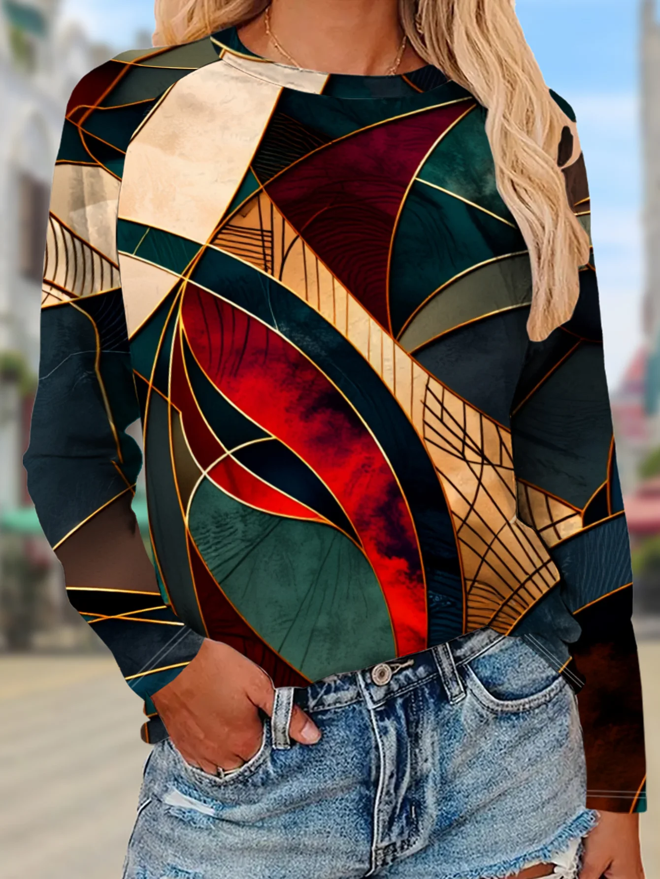 Women Round Neck Long Sleeve T‑shirt Art Geometric Color Block Print Holiday Tee Top Casual Daily Autumn Wear Women's Clothes
