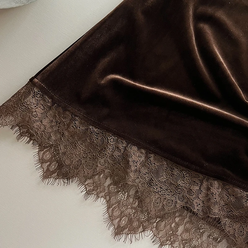 Faldas largas elegantes de terciopelo negro para mujer, ropa Y2k de encaje de cintura alta, ropa de calle coreana, falda de longitud media para mujer