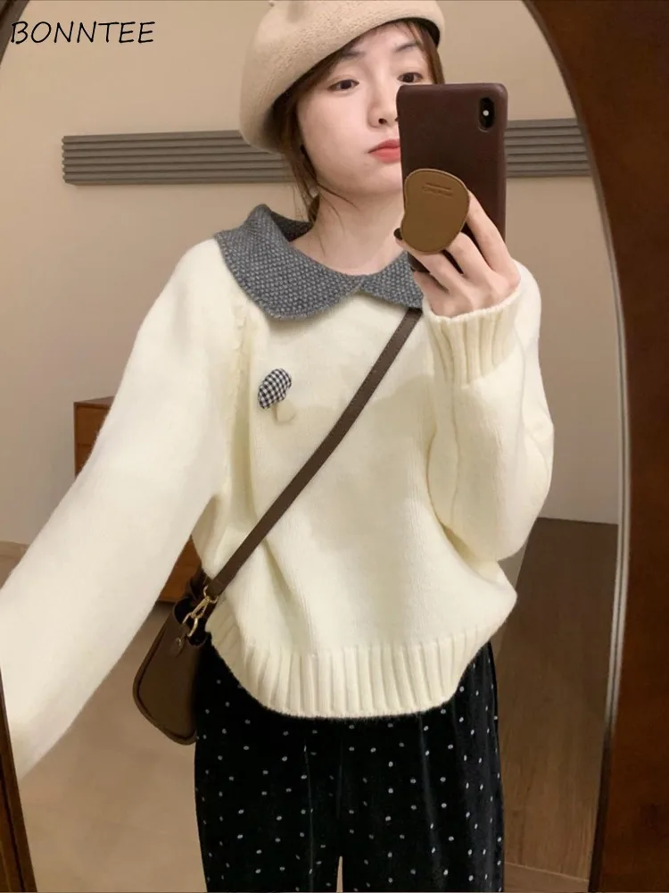 

Pullovers Women Loose Turn-down Collar Soft Daily Causal Knitted Sweaters Autumn Winter All-match Ins Tops Korean Preppy Style