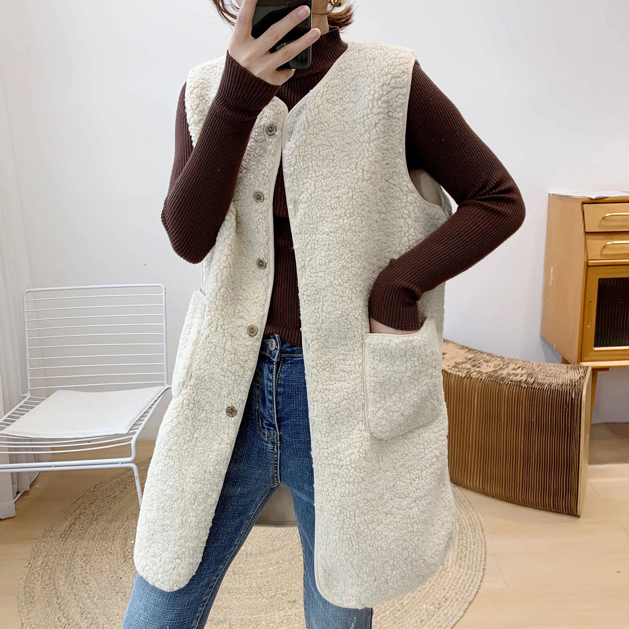 Loose Fit Lamb Fur Vest Women's Autumn Winter round Neck Particle Fleece Composite Leather And Fur Jacket Middle Length Coat