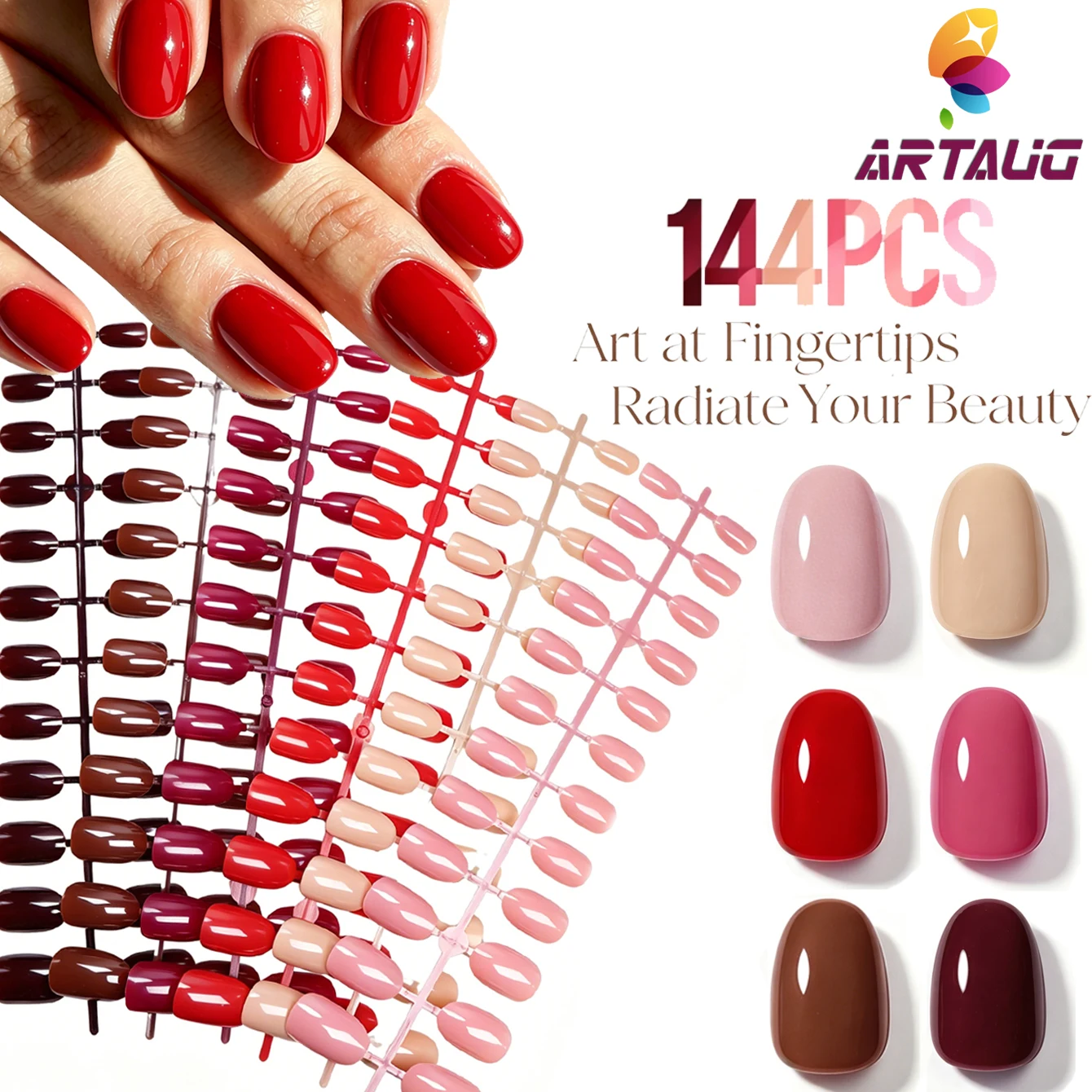 144 Stück kurze ovale Press-On-Nägel, einfarbig, vorgefärbt, weiche Gel-Kunstnägel, vollständige Abdeckung, glänzende künstliche Nagelspitzen, 6 Farben gemischt – Detail 6