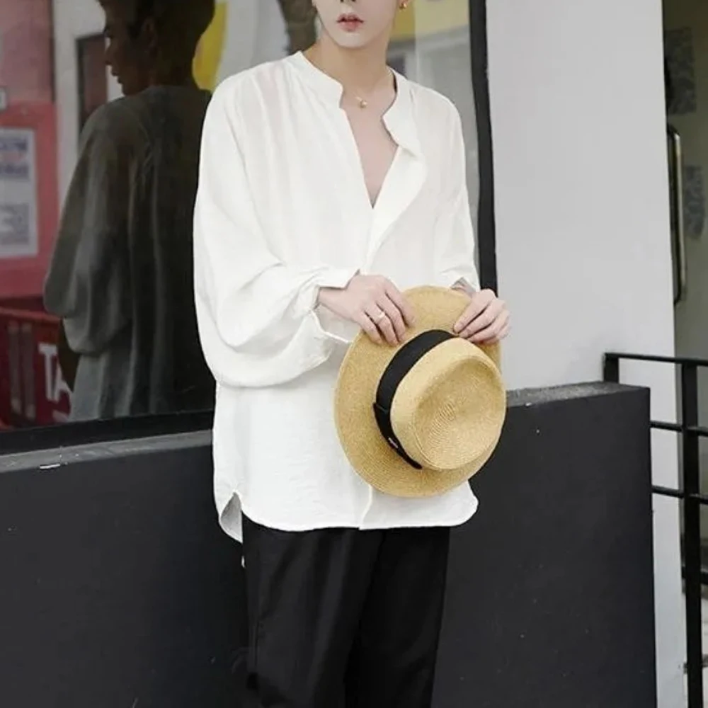

Mens Asymmetry Long-Back Casual Shirt Streetwear Fashion Nightclub Stage Hip Hop Plain Long Sleeve Top Men'S Clothing 2026 New