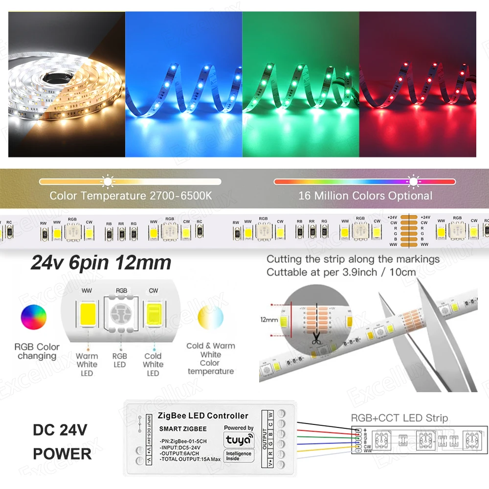 Tuya Smart Zigbee Led Lights RGB CCT Led Strip DC 24V Led Strip Light 5M 10M 15M 20M Room Decor For Google Home Assistant Alexa