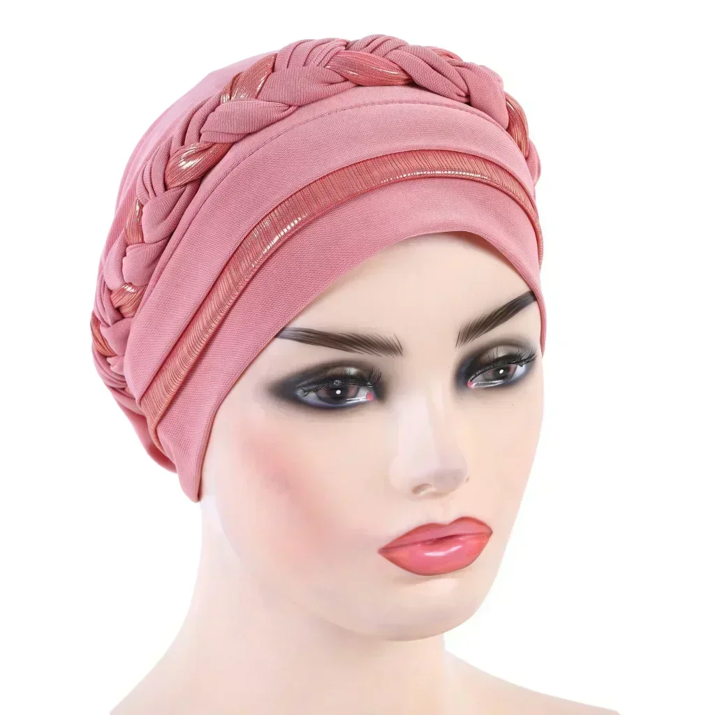 Women Muslim Braid Hijab Hat Shimmer Turban Chemo Cap Islamic Headscarf Beanie Bonnet Hair Loss Bandanas Headband Turbante Mujer